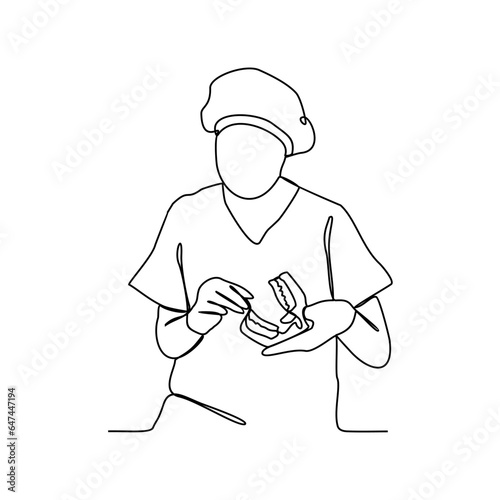 One continuous line drawing of Dentist profession with white background. Dentist profession design concept in simple linear style. Dentist profession design concept vector illustration.