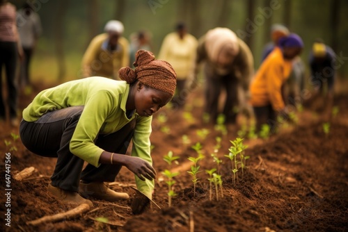 A group of people painstakingly plant seedlings in rich soil. They are dressed in outdoor clothing  their faces are focused and determined  working towards sequestrating carbon by cultivating