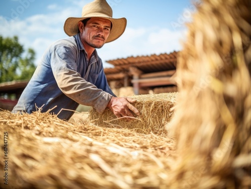 A construction worker handling straw bale  an example of sustainable building material which is carbonneutral and environmentally friendly.