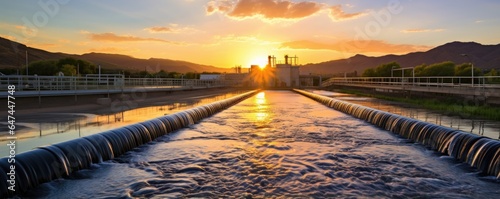 A water treatment plant at sunset, ilrating our efforts to ensure clean water supply in the face of increasing pollution.