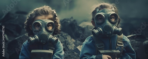 The image of children wearing gas masks, underscoring the harmful implications of carbon emissions on the health of future generations.