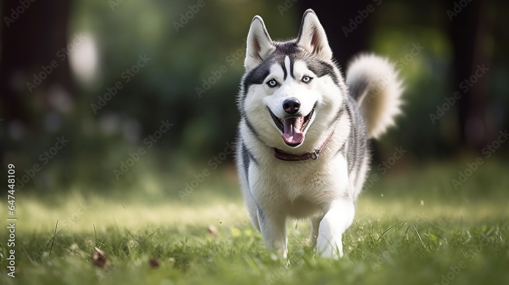 playful husky on a lawn, grass field