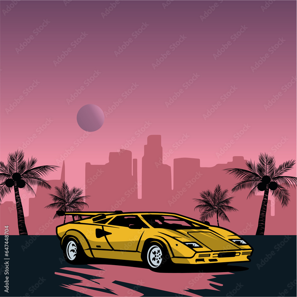 Graphics with a sports car against a retro city background and palm trees against a purple setting sun.