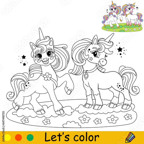 Cartoon unicorn jumping on the rainbow coloring vector