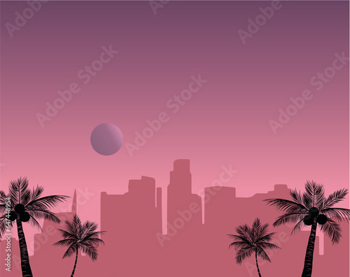 Retro style city background and palm trees with purple sunset.