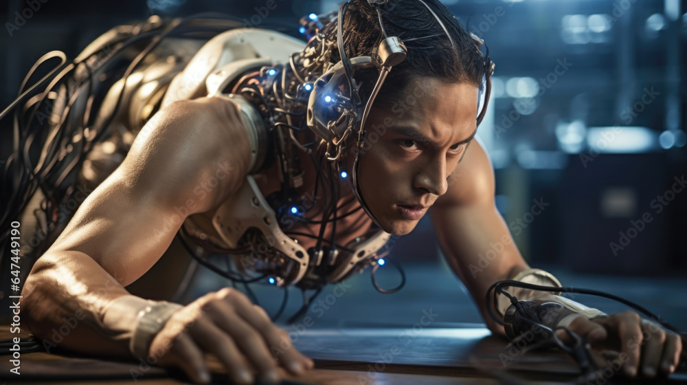 An image of a Transhumanist Activist engaging in an intense training session, pushing the limits of their cybernetically enhanced body in preparation for extreme physical challenges. An image of a Transhumanist Activist engaging in an intense training session, pushing the limits of their cybernetically enhanced body in preparation for extreme physical challenges.