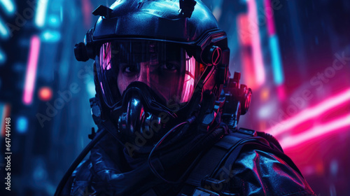 A cybernetically enhanced police officer wearing an intimidating exoskeleton towers above our protagonist, ilrating the authoritarian control exerted by law enforcement in this dystopian photo