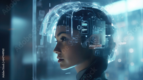 The image showcases CyberAddicts head, partially covered by a transparent visor that projects a holographic interface, providing realtime information and data analysis.