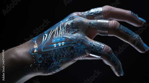 A closeup of the merchants hand, revealing a cybernetic palm with a hidden compartment holding microchips, biohacking code, and encrypted data drives. photo