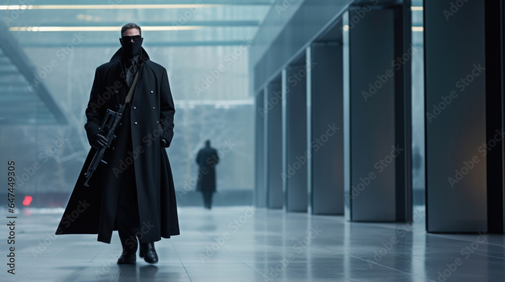 Fototapeta premium Standing beside a towering corporate skyser, the guards black trench coat flows dramatically in the wind, concealing various concealed weapons and tools of the trade.