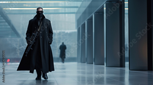 Standing beside a towering corporate skyser, the guards black trench coat flows dramatically in the wind, concealing various concealed weapons and tools of the trade.