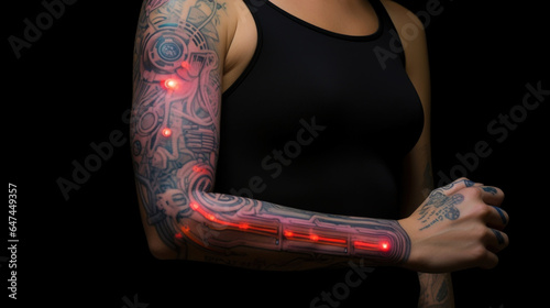 Detailed tattoos covering the diplomat cyborgs body serve as augmented reality markers, providing onthefly translations or visual representations of abstract concepts to aid in mediation photo