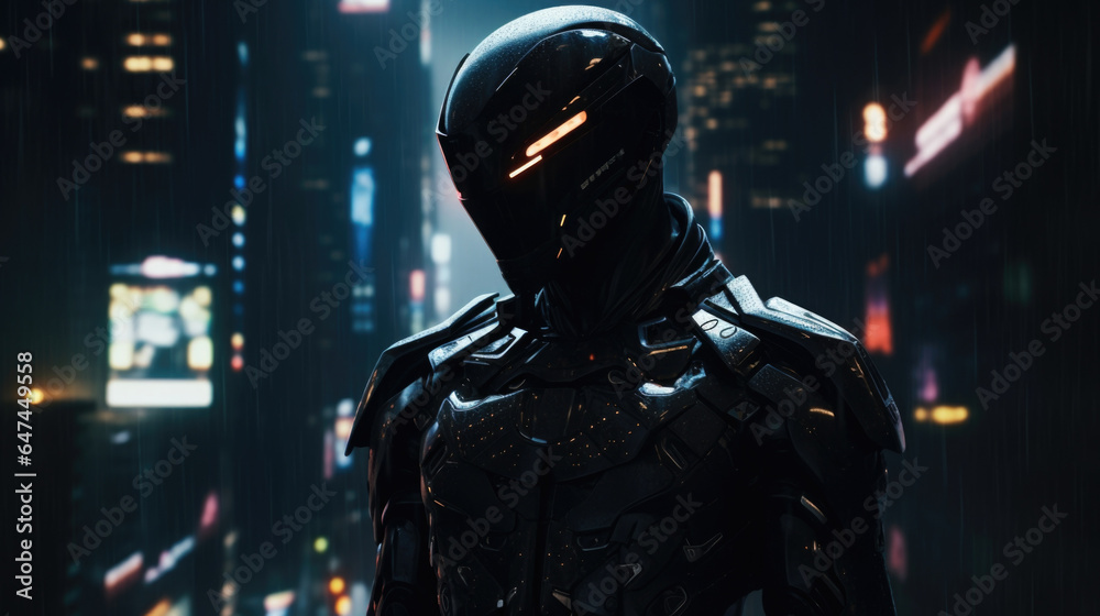 Clad in sleek black armor, a street samurai stands atop a building, scanning the streets below with their cybernetic eye, ready to eliminate any threats that may come their way. Clad in sleek black armor, a street samurai stands atop a building, scanning the streets below with their cybernetic eye, ready to eliminate any threats that may come their way.