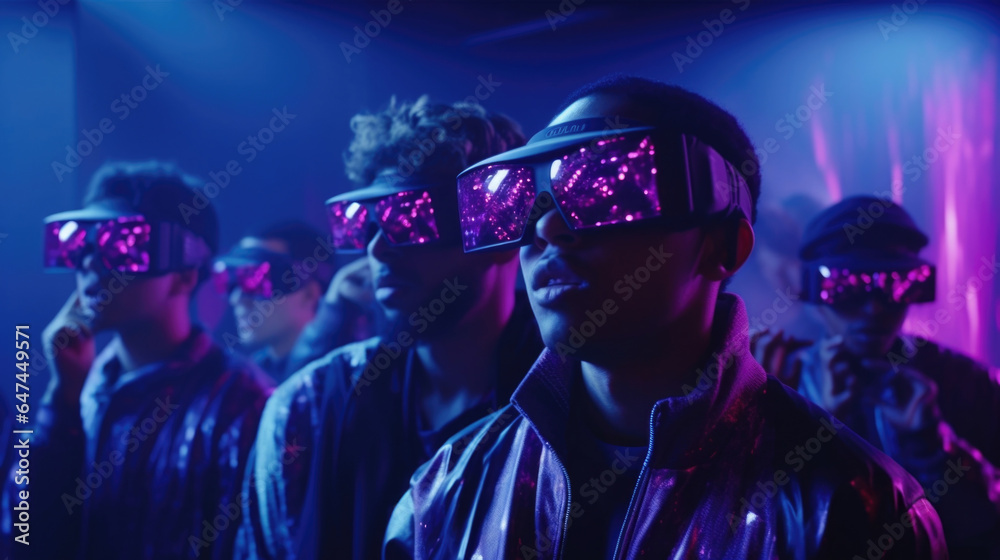 A group of hackers donning advanced holographic disguises, infiltrating a VR party filled with corporate exeives, silently stealing confidential data as they blend seamlessly a them. A group of hackers donning advanced holographic disguises, infiltrating a VR party filled with corporate exeives, silently stealing confidential data as they blend seamlessly a them.