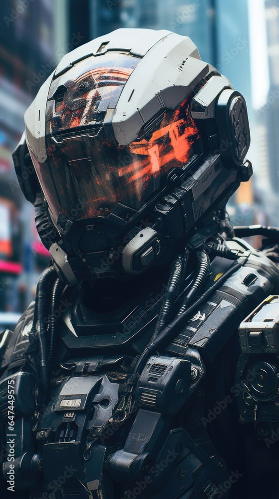 Wearing a sleek helmet that connects directly to their neural implants, a street samurai sits in the pit of a heavily armored combat mech, ready to engage in a highstakes battle.