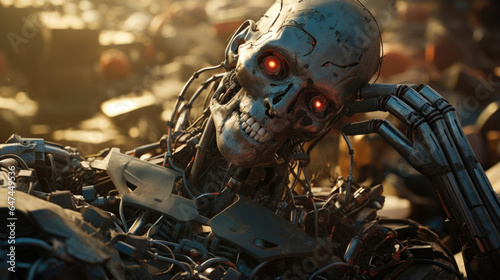 Sifting through a pile of discarded cybernetic implants in a junkyard, the image depicts a Scavenger unearthing a rare, intact neural interface with a jubilant expression.