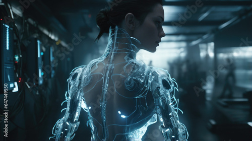 A netrunner wearing a cybernetic exoskeleton suit, wires running along their body, using electromagnetic pulses to disable security cameras and breach through electronic locks.