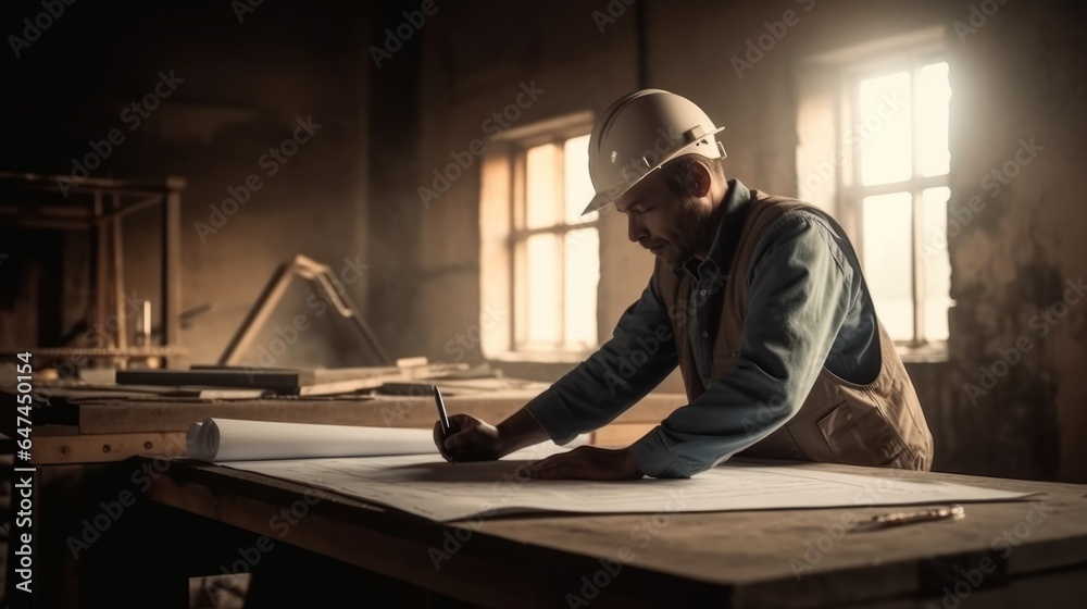 Architector or engineer drawing up blueprints for a residential construction project. Created with Generative AI technology. Architector or engineer drawing up blueprints for a residential construction project. Created with Generative AI technology.
