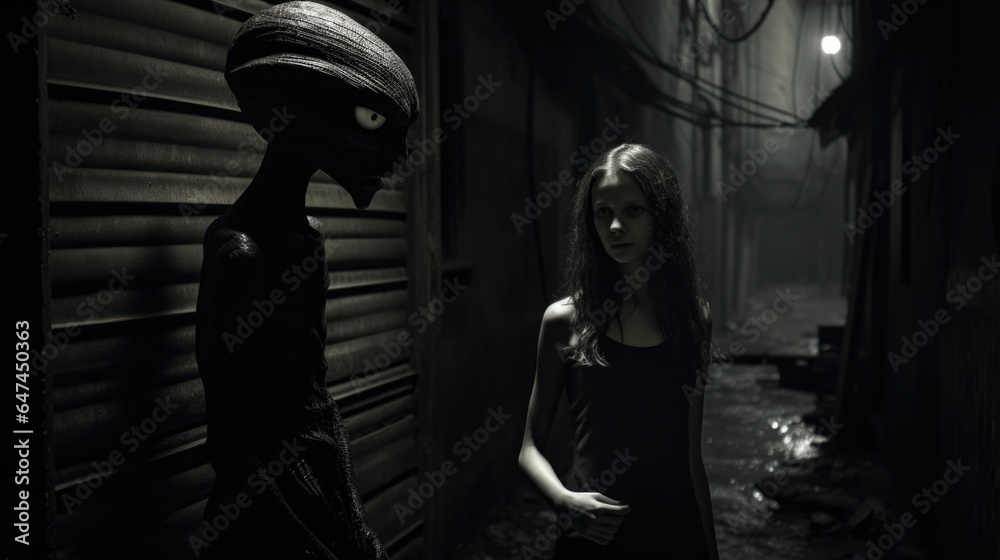 A woman standing next to an alien on a dark street. Generative AI.