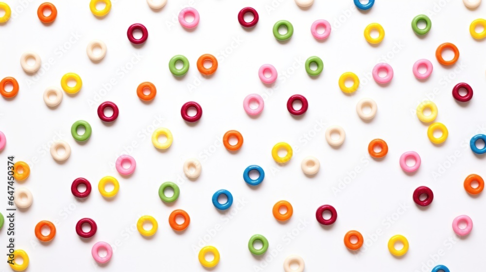 Colored cereal on a white surface. Generative AI. Colored cereal on a white surface. Generative AI.