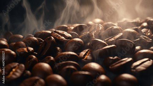 A pile of roasted coffee beans with steam rising from them. Generative AI.