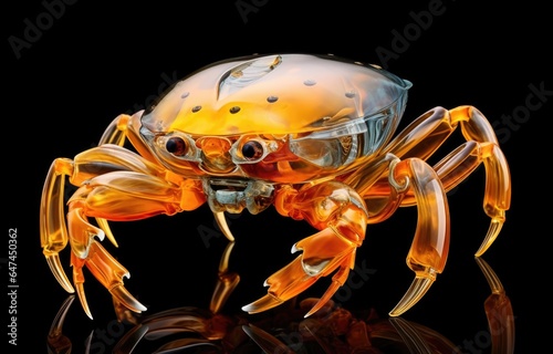 A close up of a glass crab on a black surface. Generative AI.