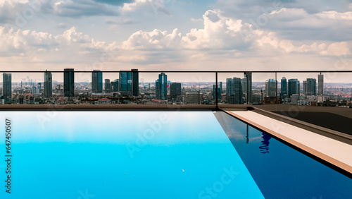 Rooftop with city view and pool