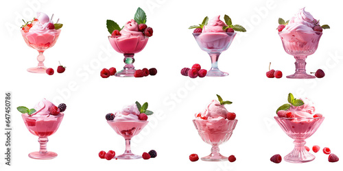 Png Set Isolated pink sherbet in glass cup on a transparent background photo