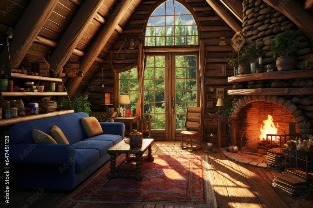 Cozy Cabin home interior. Luxury house. Generate AI