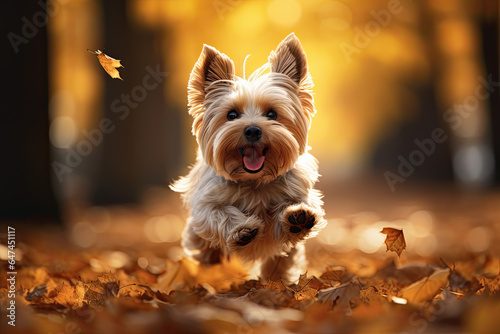 perro marrón y blanco corriendo por campo otoñal recubierto de hojas caídas, con fondo de árboles desenfocados © Helena GARCIA