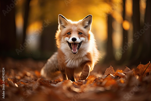 zorro marrón y blanco corriendo por campo otoñal recubierto de hojas caídas, con Fototapeta
