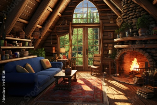 Cozy Cabin home interior. Luxury house. Generate AI © juliars