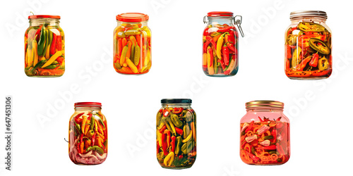 Png Set Spicy chili peppers preserved in a jar on a transparent background