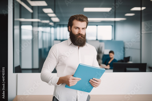 Young adult businessman with beard, working in office wearing business attire.