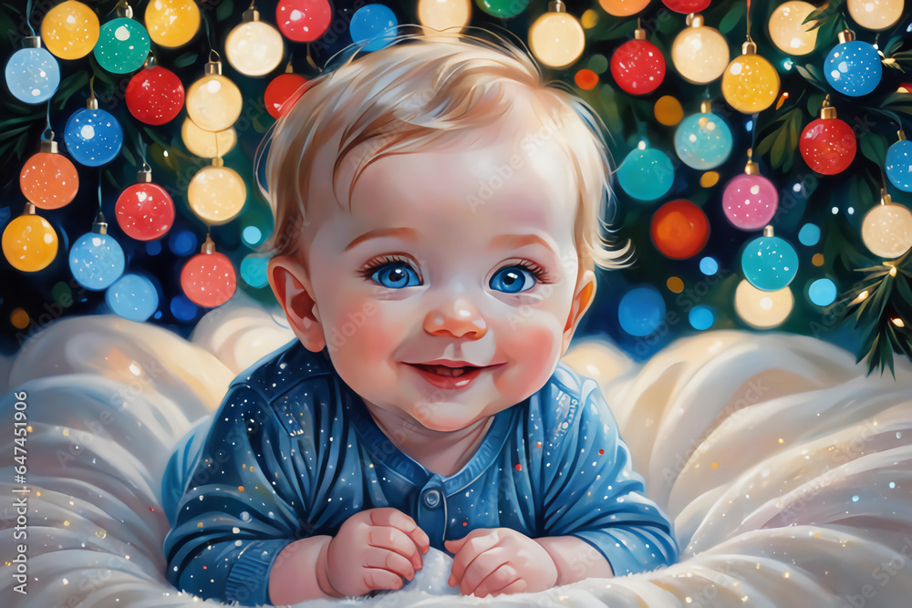 Obraz premium happy baby on christmas background, new year lights, bokeh