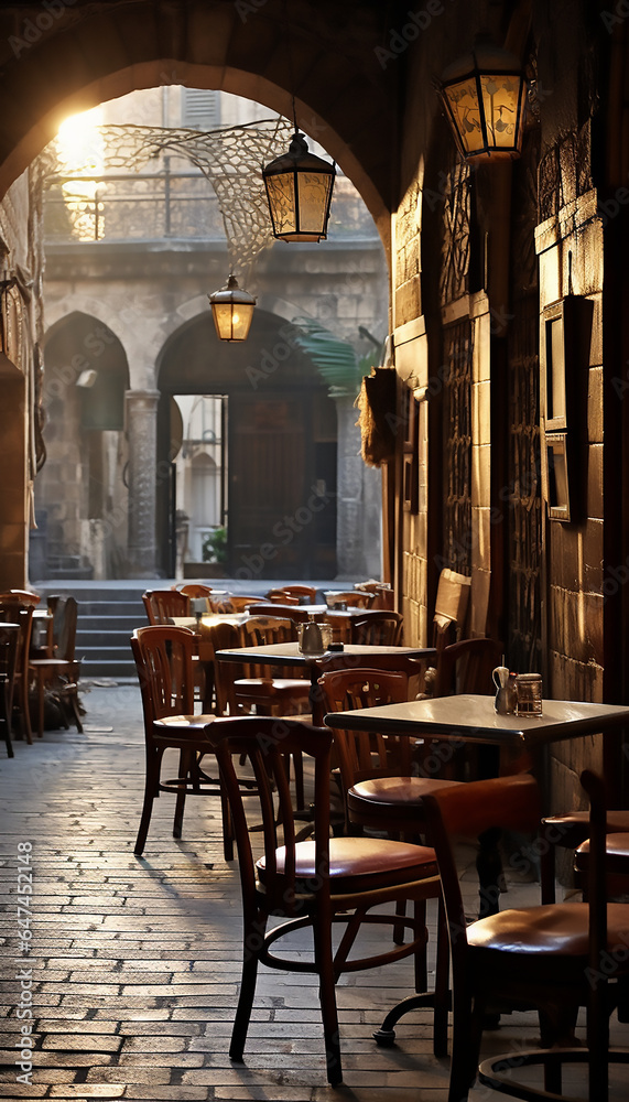 street cafe in the old town. Empty restaurant tables without visitors in the morning light.