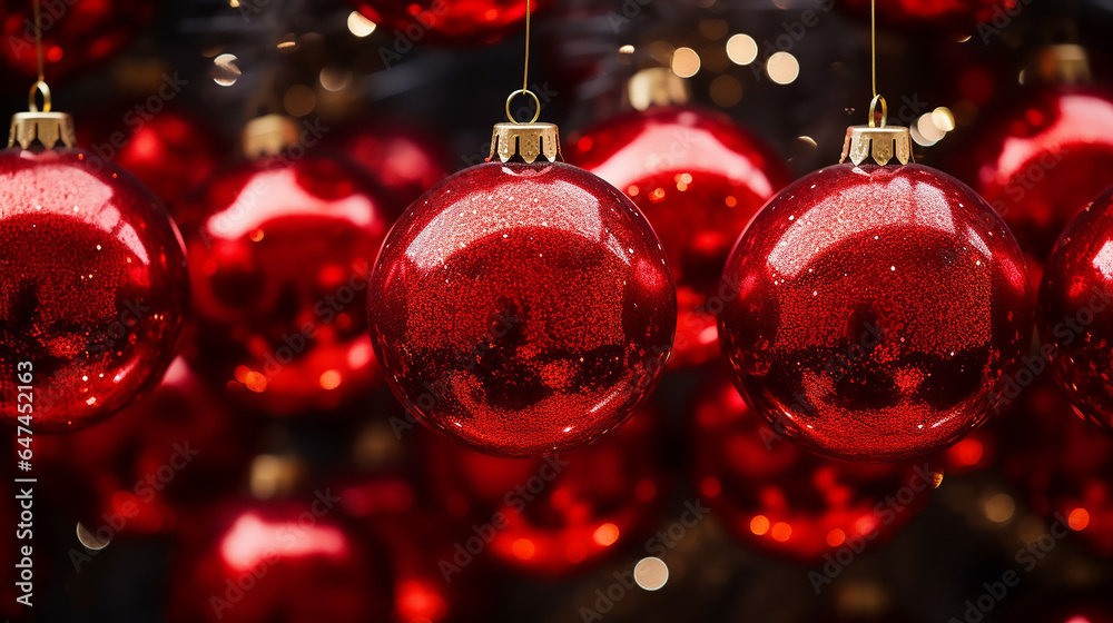many red glass identical christmas balls hanging together close-up in a store many red glass identical christmas balls hanging together close-up in a store