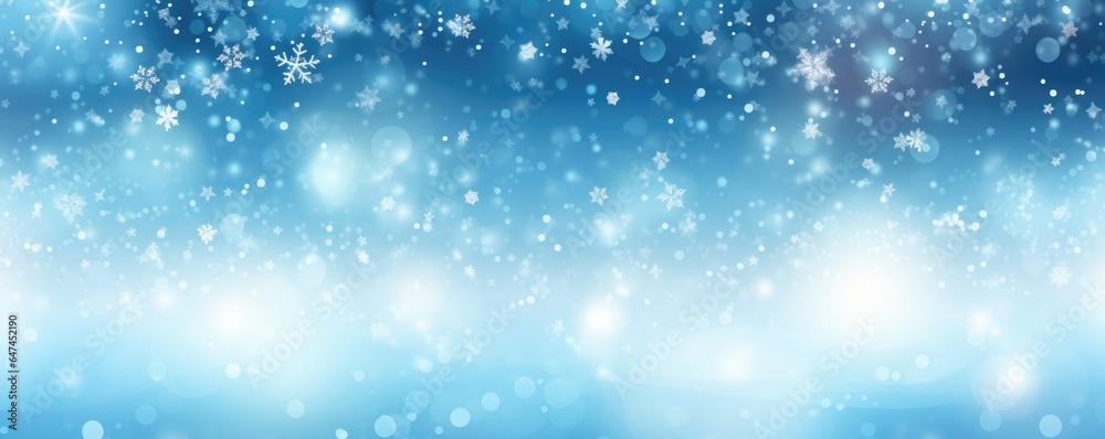 Winter card with blue sky and falling snow, crystallic snowflake. Magical heavy snow flakes backdrop. Sky snowfall banner. Holiday winter background for Christmas and New Year