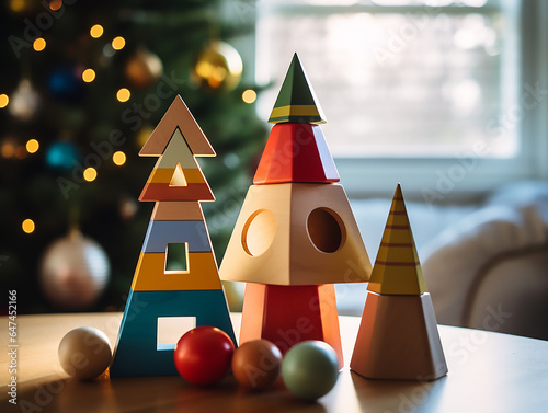 unusual Christmas tree made from a children's wooden construction set. Eco-friendly children's toy