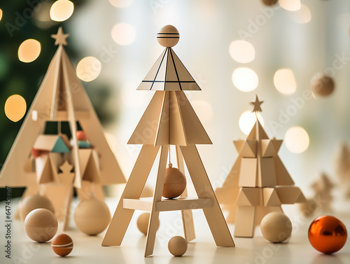 unusual Christmas tree made from a children's wooden construction set. Eco-friendly children's toy