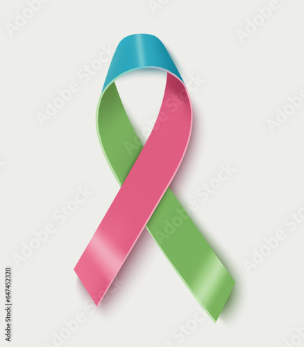 World Rare Disease Day poster. Photorealistic pink, blue, green colours ribbon on white background. Vector illustration. 29 February Rare Disease day