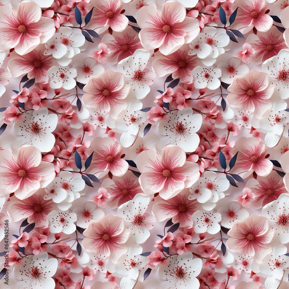 seamless pattern of gentle pink flowers on white background. spring ...