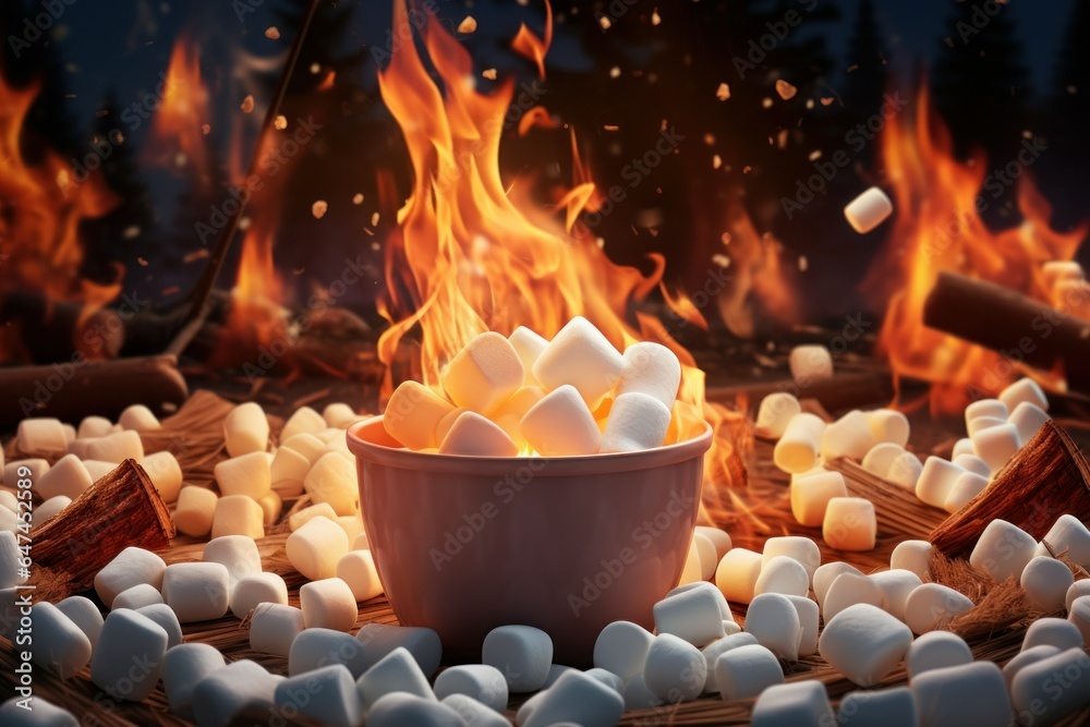 Aromatic Campfire marshmallow place. Cabin food. Generate Ai - obrazy, fototapety, plakaty 
