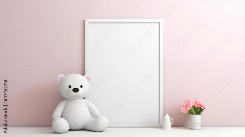 Empty Frame Mockup, Blank Canvas Poster Template in Children Room, Kid Bedroom, Nursery Interior. Generative AI Empty Frame Mockup, Blank Canvas Poster Template in Children Room, Kid Bedroom, Nursery Interior. Generative AI