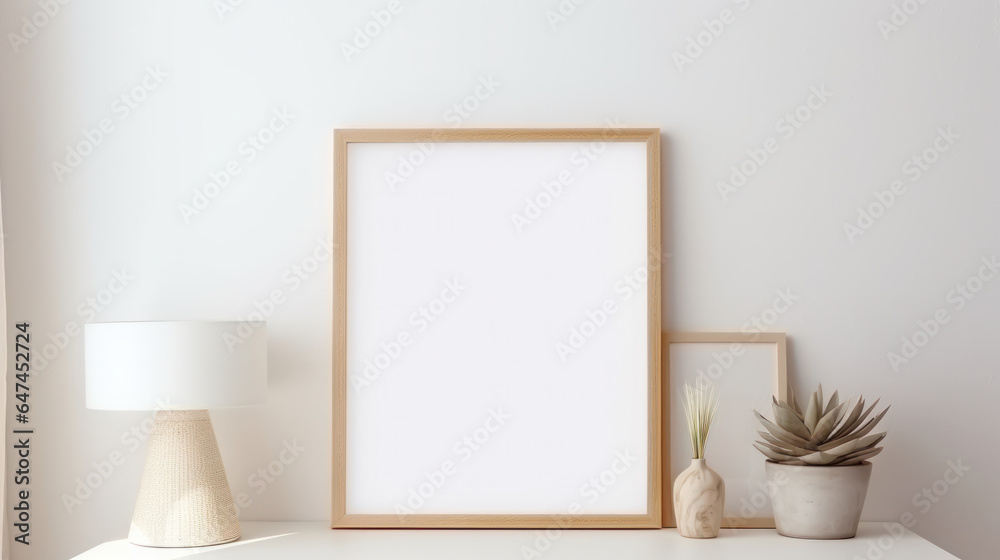 Empty Frame Mockup, Blank Canvas Poster Template Standing on Desk, Cozy Interior. Generative AI Empty Frame Mockup, Blank Canvas Poster Template Standing on Desk, Cozy Interior. Generative AI
