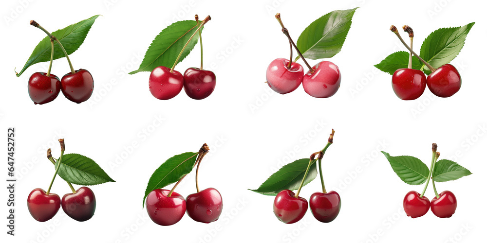 Png Set Two isolated cherries with a green leaf transparent background Png Set Two isolated cherries with a green leaf transparent background