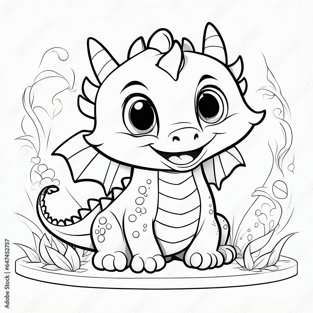 Fototapeta premium Dragon's Playful Escapades: 3D Coloring Fun with a Baby Dragon in Black & White