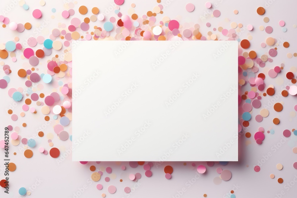 White greeting card over scattered colorful sequins and confetti on isolated white background with blank space. Mockup template. Flat lay, top view with place for text