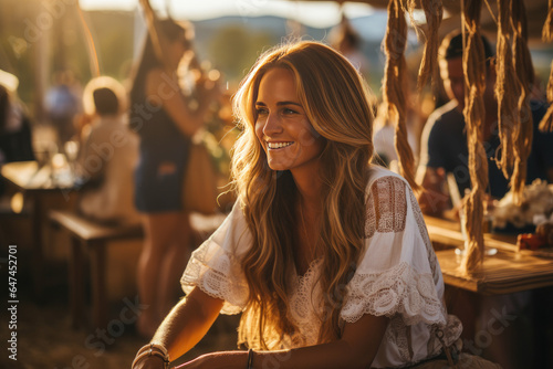 Woman sitting at an outdoor lounge area at sunset. Good vibrations, golden hour