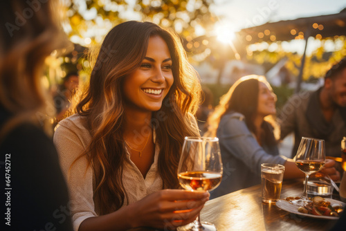 People drinking wine at an outdoor lounge area at sunset. Good vibrations, golden hour